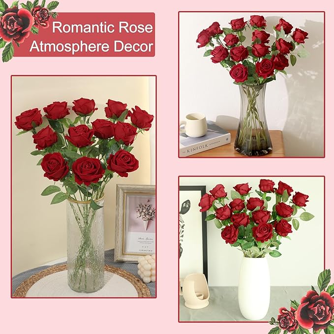 50Pcs Red Roses Artificial Flowers Fake Roses Faux Velvet Silk Flower for Home Wedding Decoration (Pearl Rose, Red)