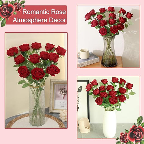 12Pcs Red Roses Artificial Flowers Fake Roses Faux Velvet Silk Flower for Home Wedding Decoration (Pearl Rose, Red)