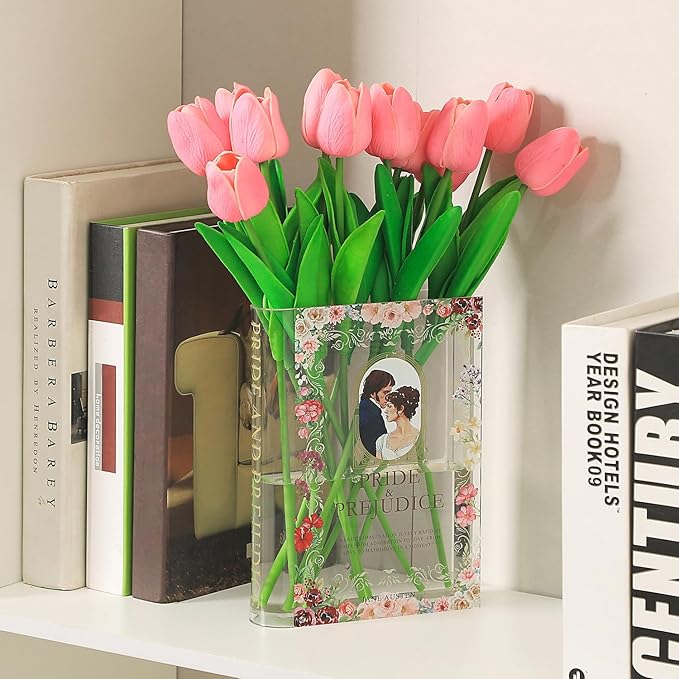 Acrylic Book Shaped Vase, Clear Book Flower Vase, Modern Decorative Vases for Home/Living Room/Bookshelf/Bedroom/Office Decor Aesthetic, Book Lovers Gifts(Pride)