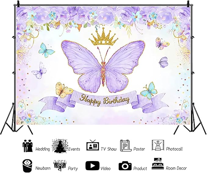 Renaiss 10x8ft Happy Birthday Backdrop Purple Butterfly Flowers Gold Crown Photography Background Daughter Girl Princess Birthday Party Decor Dessert Table Banner Portrait Selfie Group Photo Props