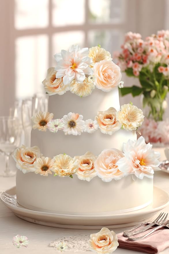 Artificial Flower Heads Combo - Champagne Silk Dahlia & Roses Fake Flowers for Wedding, Party, Graduation Cap DIY, Cake Decoration, Table Centerpieces, Home Decor