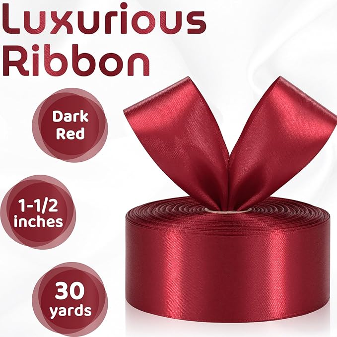 30 Yards 1-1/2 inch Wine Red Satin Ribbon Solid Dark Red Ribbons Roll for Wedding Invitations, Bridal Bouquets, Christmas Party Decorations, Gift Wrapping, Crafts and More