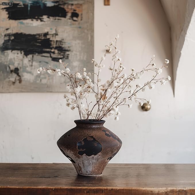 Rustic Ceramic Wabi Sabi Vase, 6.7''Vintage Brown Pottery Flower Jar with Wide Mouth, Handmade Distressed Clay Decor for Table Centerpiece, Farmhouse Shelf, Entryway or Mantel