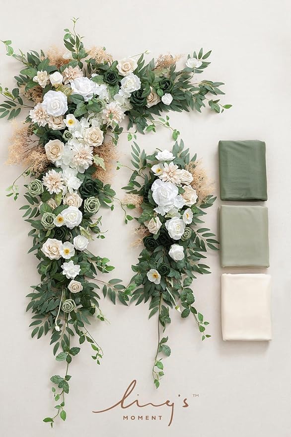 Ling's moment Wedding Arch Flowers with Sheer Drapes Kit - Artificial Spring Green Rose Floral Arrangements for Ceremony Backdrop, Arbor Decor, 5-Piece Set (2 Flower Stems + 3 Hanging Drapes)