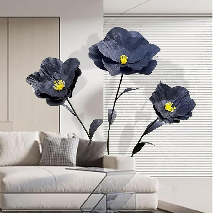 5.9 Ft Large Paper Artificial Flowers,Giant Flowers for Decoration,Standing Huge Handcrafted Poppy Flowers for Garden,Hotel,Office,Photography Props,Wedding,Art Gallery,Shop Window Display(Black)