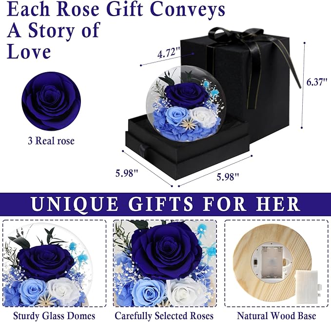 FIACO Preserved Rose Birthday Gift for Women Forever Fresh Flowers for Prime Delivery Gift for Mom Grandma Wife Valentines Mothers Day Christmas Anniversary Eternal Roses in Glass Dome