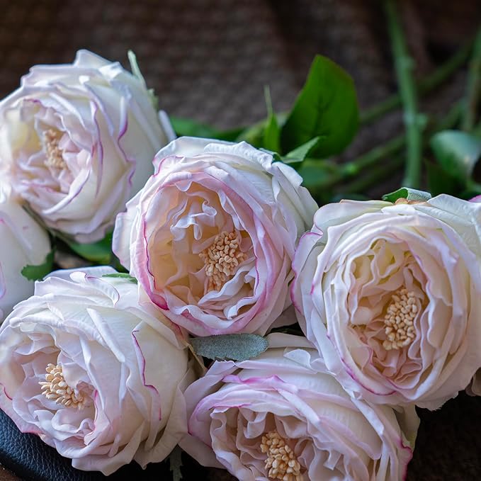 Light Pink 4pcs Fake Flowers for Decoration Home Decor Real Touch Artificial Flowers Austin Rose Peony Latex Fake Flower Living Room Decoration Vivid Pink Roses Peonies(Pink Edge 4pcs)