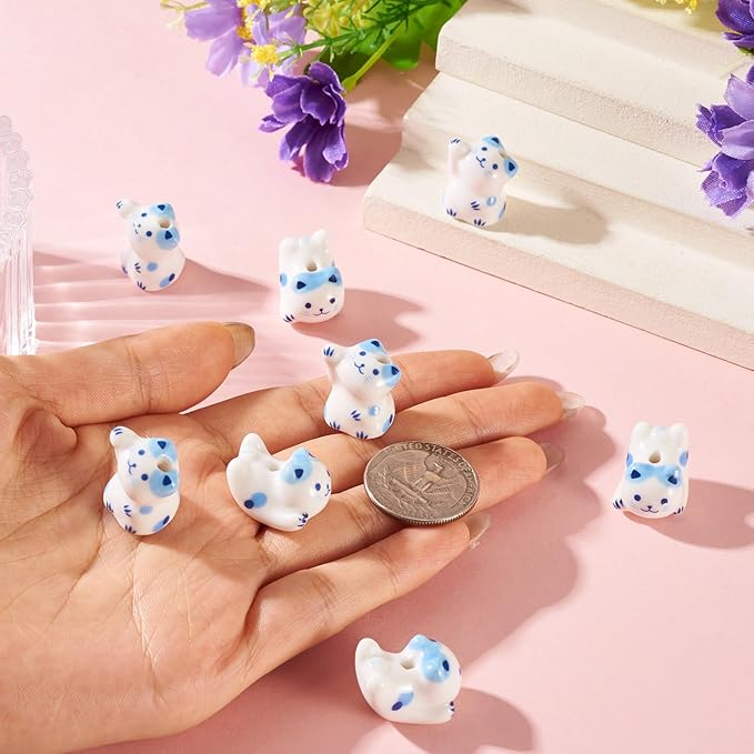 Beadthoven 8Pcs Lucky Cat Porcelain Beads 3D Blue White Handmade Craft Beads Animal Ceramic Cat Printed Ceramic Spacers with Hole for DIY Necklace Bracelet Keychain Craft Jewelry Making Supplies