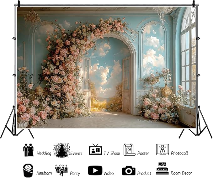 Baocicco 10x6.5ft Floral Wall Photography Background Romantic Style Arch Door Oil Painting Flowers Photo Background for Women Wedding Party Banner Supplies Girls Birthday Decorations Photoshoot Studio