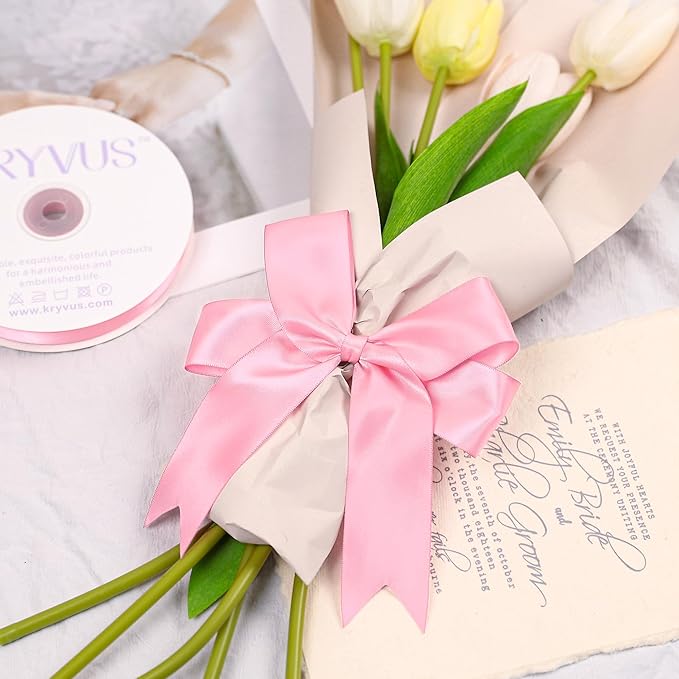 Pink Satin Ribbon, Double Faced 1-1/2 Inch X 50 Yards Pink Ribbon, Premium Satin Ribbon for Gift Wrapping, Crafts, Hair Bow Making, Sewing, Flower Bouquet, Wedding Party Decor