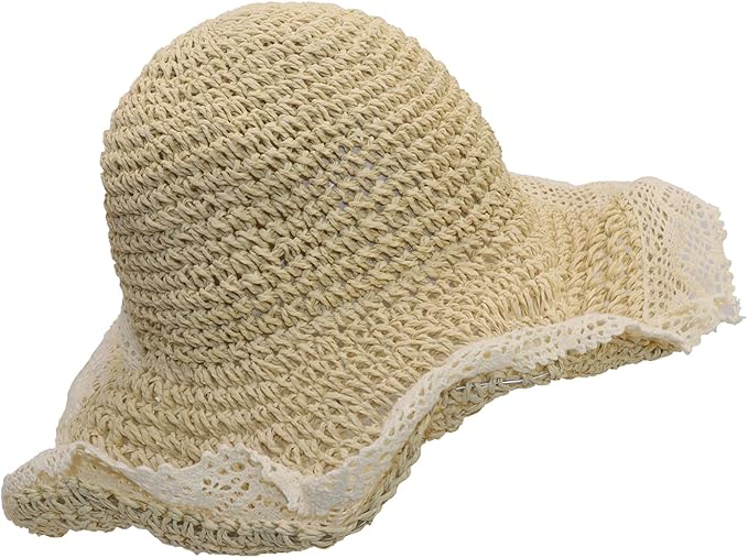Ladies Wide Brim Beach Straw Hat Summer Vacation Sun Protection Hat Braided Lace Edge Hat Soft Foldable Lightweight