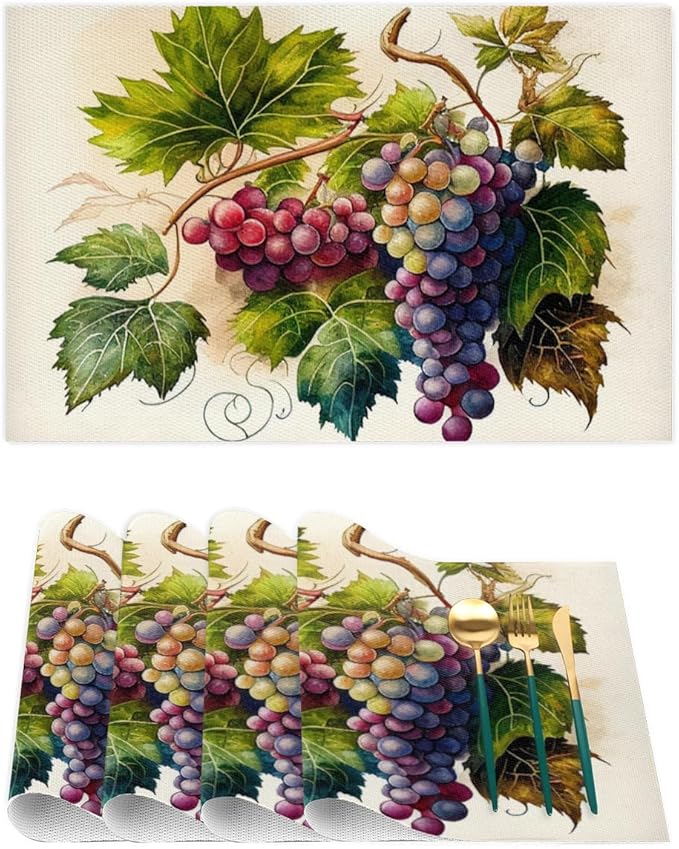 Fruit Grapes Purple Abstract Placemats Set of 4 PVC Vinyl Non Slip Table Mats Waterproof Heat Resistant Place Mats Washable Wipeable Dining Table Mat for Kitchen Party Indoor Outdoor Decorative