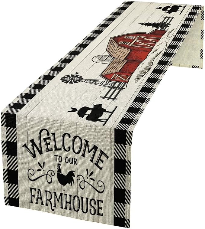 Rustic Farmhouse Table Runner Vintage Western Farm Cow Rooster Red Barn Cabin Country Lodge Dinner Runner for Home Kitchen Dinner Table Party Decoration 13x108in