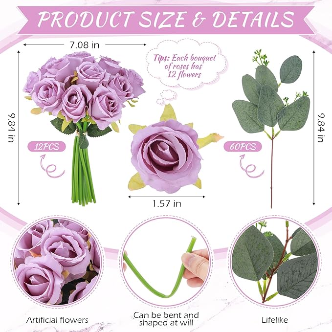 Zeyune 12 Pack Wedding Bridesmaids Bouquets 7 Inch Artificial Rose Bouquets Silk Flowers with Stems Fake Floral Bundles Bulk for Wedding Bridal Shower Party Centerpieces Home Decor(Purple)