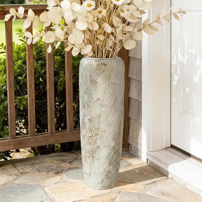 23.6 Inch Rustic Ceramic Tall Floor Vase, Slim Tapered Rustic Farmhouse Vase for Dried Stems & Pampas, Neutral Beige Decorative Vase for Living Room