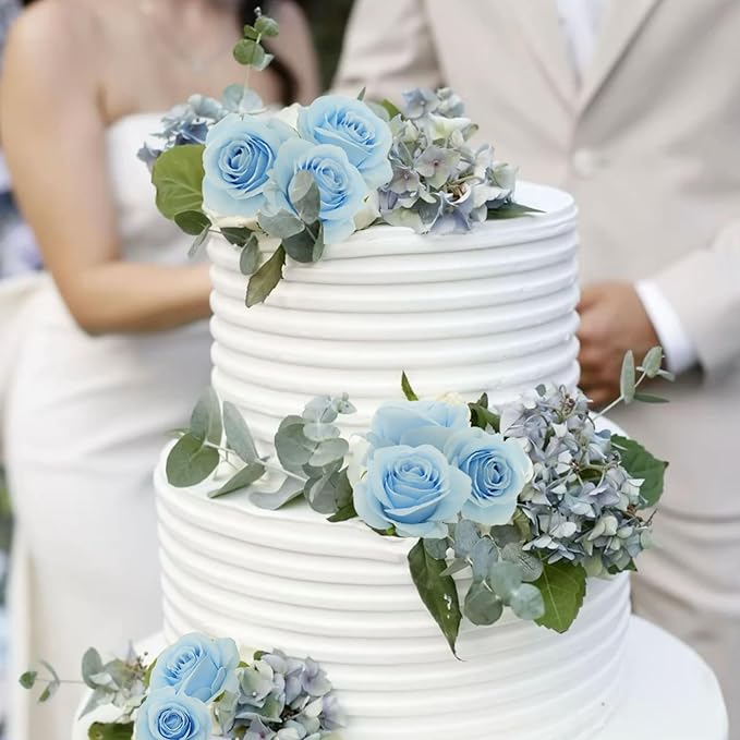 Felice Arts 12 Pack Light Blue Artificial Flowers with Stems Silk Roses Fake Flowers Bouquet for Wedding Centerpiece Table Vase Home Kitchen Party DIY Decor