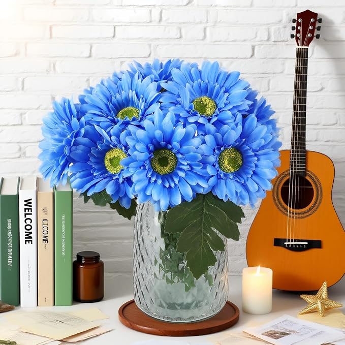IPOPU 2 Bundles Artificial Gerbera Daisy Flowers 14 Heads Blue Fake Daisy with Stems Faux Silk Daisy Flowers for Wedding Bridal Bouquet Party Floral Arrangements Table Centerpiece Decor (Blue)