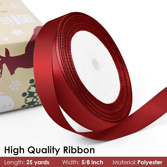 25 Yards 5/8 inch Satin Ribbon, Solid Color Fabric Ribbon Perfect for Gift Wrapping, Wedding, Handmade Bows, Floral Bouquets and Party Decoration(Wine red)