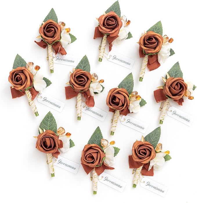 Ling's moment Boutonniere for Men, 10pcs Groomsmen Guest Boutonniere, Artificial Flowers for Wedding Décor/Prom/Homecoming,etc.Fall Terracotta Orange