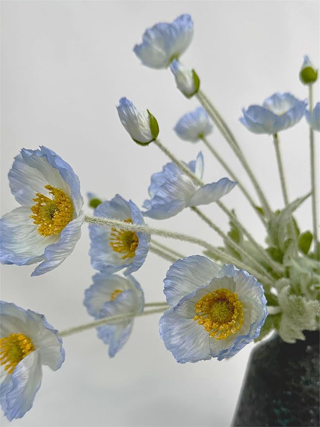 Set of 6 Light Blue Silk Poppy Flowers Artificial with Stems Silk Poppies Bouquet Faux Ranunculus Artificial Flowers for Wedding Party Home Office Indoor Decoration (Light Blue)