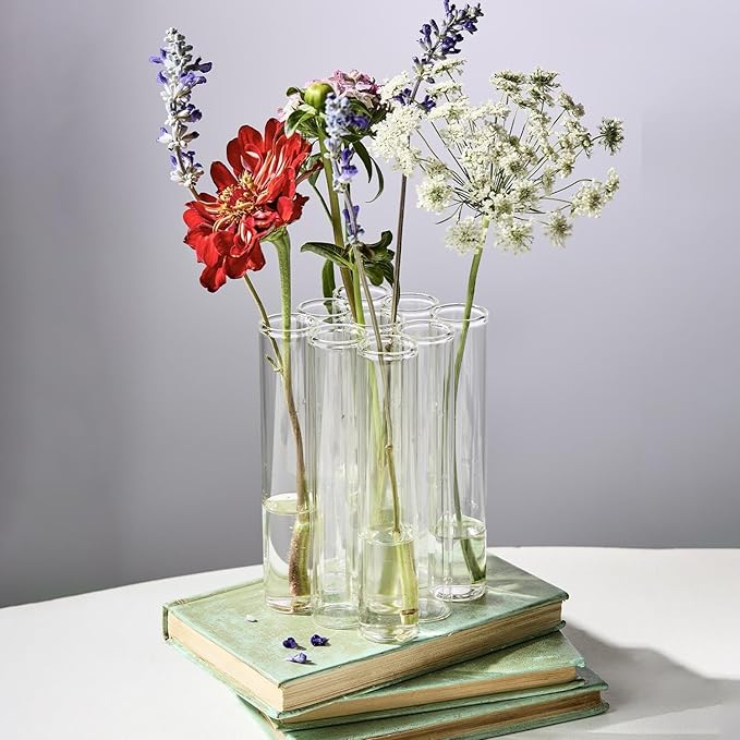 Two's Company Connected Tube Flower Vase, 6-Inch, Glass, Clear, Set of 9