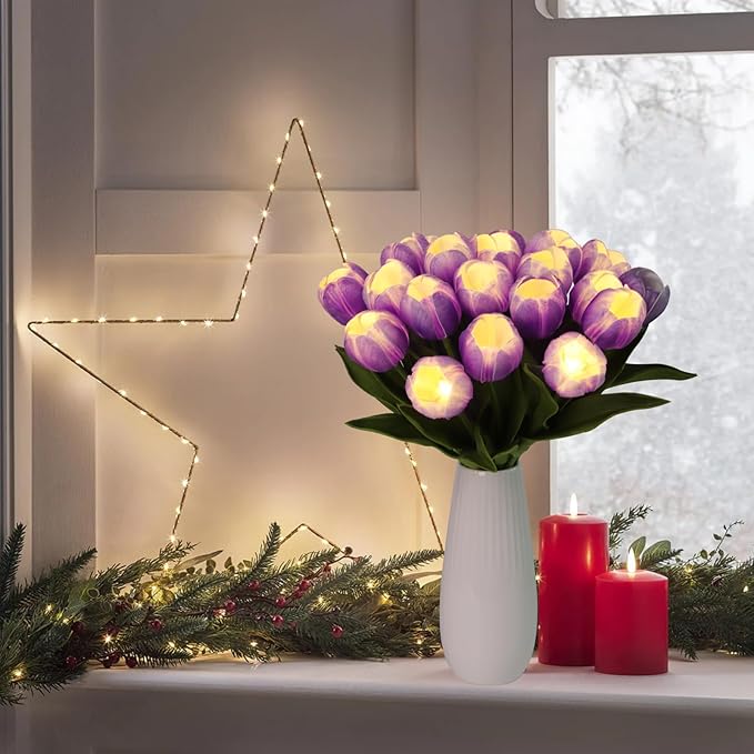 LED Lighted Artificial Tulips, Tulip Lamp, Real Touch Tulip Flowers, 15 Inch Faux Tulip Bouquet with Battery Operated Lights for Gifts, Home Kitchedn Wedding Decor(Purple)