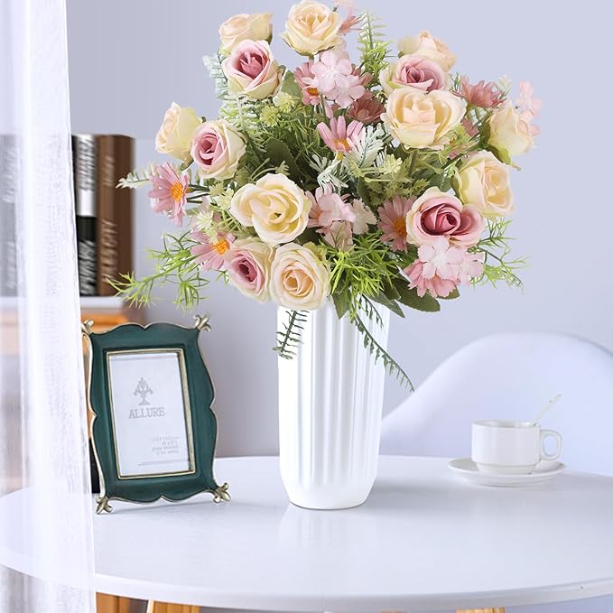 Artificial Flowers Fake Rose Bouquet 3 Pack Artificial Flowers Bouquet Plastic Flower Arrangements Wedding Decoration Table Centerpieces(Purple)
