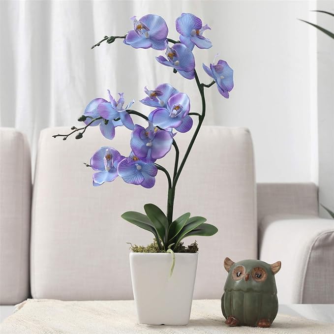 15" Tall Artificial Silk Phalaenopsis Orchid Flower Plant Pot Arrangements (Purple Blue)