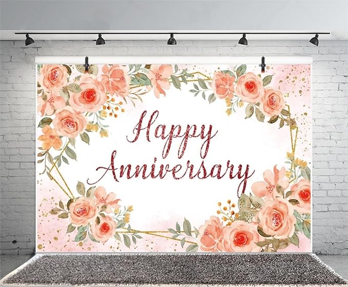 Leyiyi 12x6ft Happy Anniversary Backdrop Watercolor Pink Floral Rose Green Leaves Gold Dots Glitter Photography Background Cheers to Wedding Anniversary Bridal Shower Party Decorations Photo Props