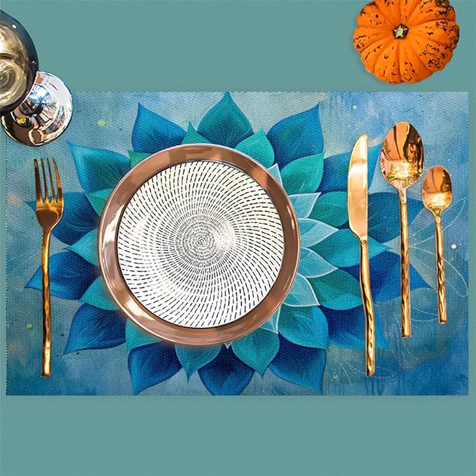 Teal Flower Mandala Placemats Set of 6 PVC Vinyl Non Slip Table Mats Waterproof Heat Resistant Place Mats Washable Wipeable Dining Table Mat for Kitchen Party Indoor Outdoor Decorative