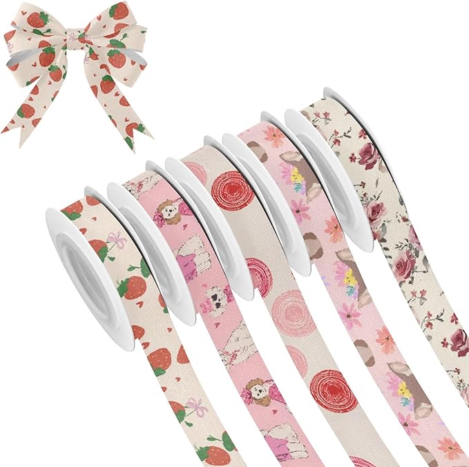 Strawberry Bowknot Fabric Ribbon for Gift Wrapping Crafts Flower Bouquet Wedding Party Decorative Assorted Patterns 5 Yards×5 Rolls