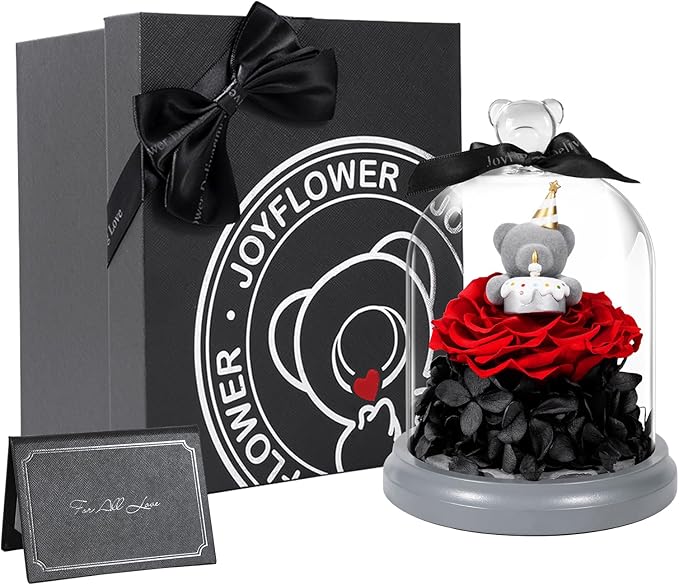 JoyFlower Preserved Flower Birthday Gift for Women, Red Preserved Rose Bear in Glass Birthday Gifts for Girlfriend, Eternal Flower Teddy Bear Gifts for Wife Mom Her Grandma Daughter Sister on Birthday