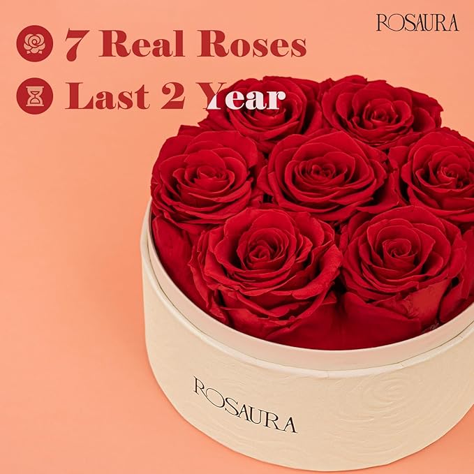 Rosaura Round Preserved Roses Gift Box - Real Forever Flowers for Birthday, Valentine's & Mother's Day (red, 7 Roses)