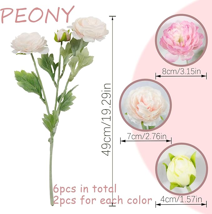 6 Pcs Artificial Flowers Silk Peony Rose Single Stem Artificial Flowers Pink Faux Peony Bouquet Floral Arrangement Bundle Fake Flowers Bulk for Table Centerpiece Wedding Farmhouse Home