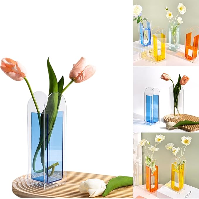 Acrylic Vase for Home Decor, Semi-Transparent Youth Blue Arch Shape Centerpiece Vase, Modern Acrylic Flower Vase for Table or Office Decoration, Minimalist Home Display (Blue)