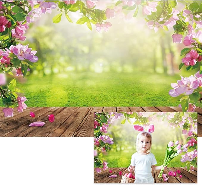 Renaiss 9x7ft Spring Nature Scenery Pink Flower Blossom Green Leaves Wood Floor Park Floral Meadow Photography Background for Wedding Baby Shower Birthday Party Decor Photo Studio Props