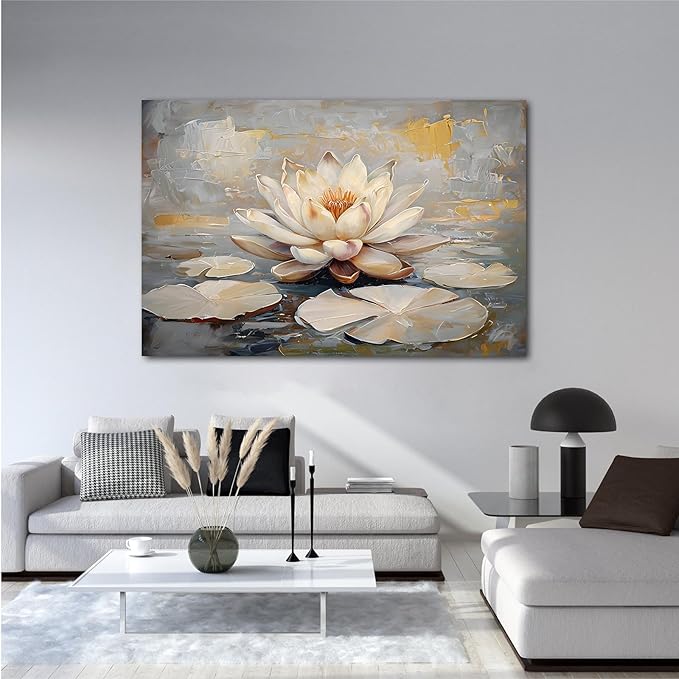 Ethereal white lotus floating on Crystal Waters poster vintage oil painting printwall art soft blush and gold accents serene home and office decor dreamy 32x48in Frameless