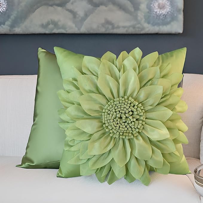 Bella's Giftshop 3D Sunflower Decorative Throw Pillow Covers for Bed Sofa Couch Car, Accent Floral Taffeta Cushion Cover, Handmade Pillow Cases Living Room Decor, 17x17 Inch-Green/Sage