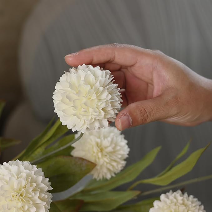 12 Pcs Faux Silk Pompon Mum Artificial Flowers for Vase -27", Bulk Fake Chrysanth Branches with Stems for DIY Bouquet Centerpieces Wedding Fillers Arrangements Shower Decorations (Cream)