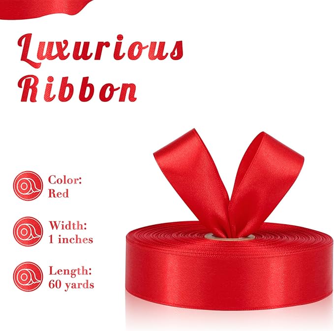 Red Ribbon 1 Inch 60 Yards, Versatile Solid Satin Ribbon for Flower Bouquet, Graduation Lei, Crafts, Gift Wrapping, Baby Shower, Christmas and Wedding