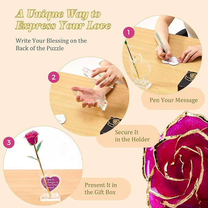Mikasol Real 24K Gold Dipped Realistic Rose – Timeless Lifelike Bloom with Heart Puzzle Base – Romantic Gradient Purple Flower Gift for Her, Wife, Girlfriend, Mom – Birthday, Anniversary, Mother’s Day