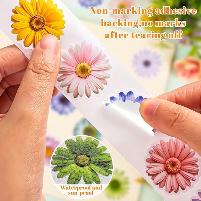 1200 PCS Daisy Stickers Cute Flower Stickers Roll for Kids Sun-Proof Flower Roll Sticker for Scrapbooks, Water Bottle, Present Boxes Decorations (16 Styles)