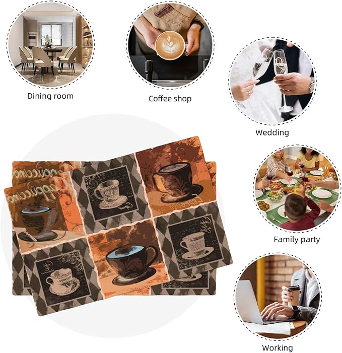 Coffee Linen Table Placemats Set of 4 Vintage Modern Art Placemat Indoor Outdoor Party Home Desktop Kitchen Dining Room Decoration 12x18 Inch