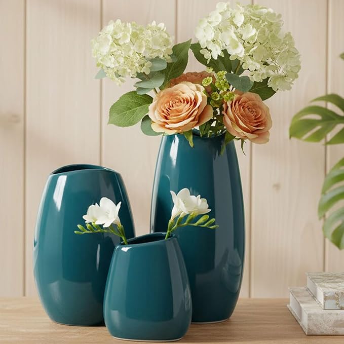 hjn Ceramic Vase Set of 3 Teal Flower Vase for Home Decor, Modern Decorative Vase for Flowers Vases for Your Ideal Shelf Decor/Table/Living Room/Kitchen/Office-Teal