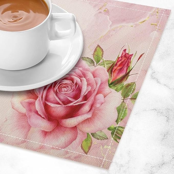 Pink Flower Placemats Set of 4, 17x12 Inch Romantic Watercolor Floral Rose Print Table Mats for Home Party Kitchen Dining Decor