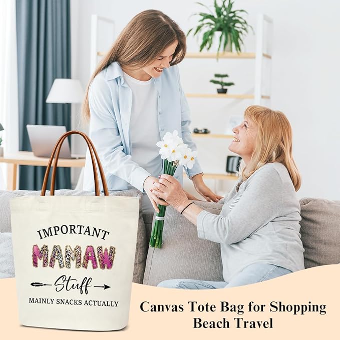 Canvas Tote Bag for Women, Important Stuff Bag with Leather Handle, Reusable Grocery Bags for Shopping Beach Travel