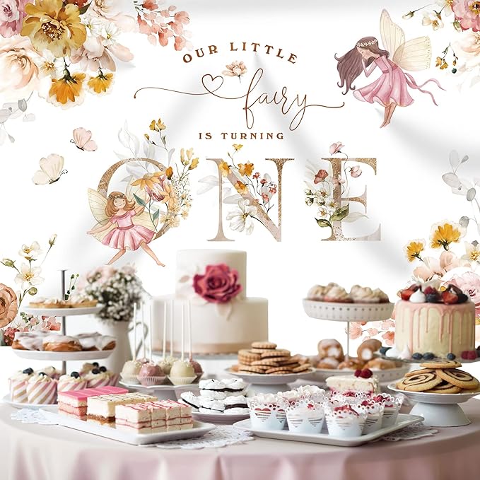 Floral Fairy 1st Birthday Backdrop for Photography Flowers Fairy Tale Tea Wonderland Princess Girl Happy First Birthday Party Background Decoration Banner Supplies Photo Booth Props 7x5ft