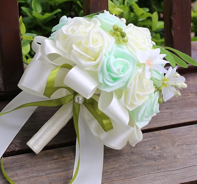 Lightweight Bridal Wedding Bouquet Round Holding Bouquet Throw Toss Artificial Rose Flower Bunch for Bride Bridesmaid Wedding Quinceanera (Cream & Light Cyan, 9.1")