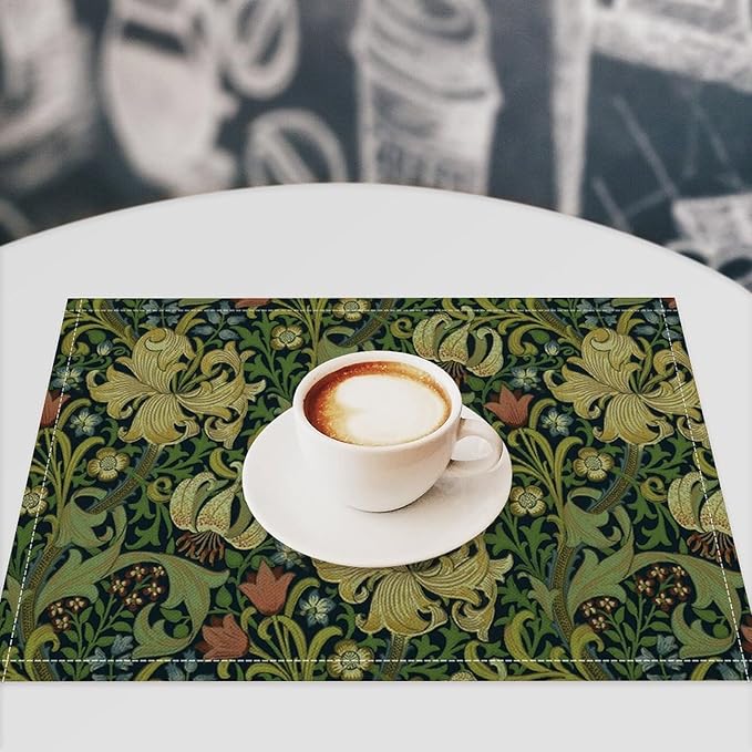 Vintage Floral Placemats Set of 6, William Morris Retro Boho Botanical Plant Place Mats, Heat Resistant Non Slip Cotton Linen Dining Table Mats for Home Kitchen Party 18x12 Inch