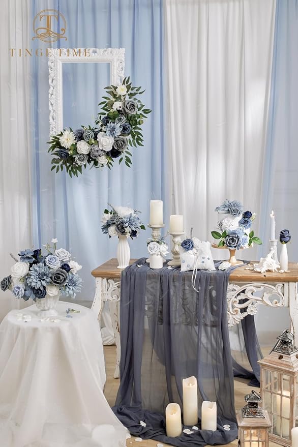TINGE TIME Artificial Flowers Dusty Blue and White Flower Combo for DIY Wedding Bouquets Table Centerpieces Arrangements Party Baby Shower Home Decorations